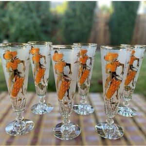 Tg Libby MCM Champagne Glasses Caribbean Dancers Tiki Pilsner 22K Gold